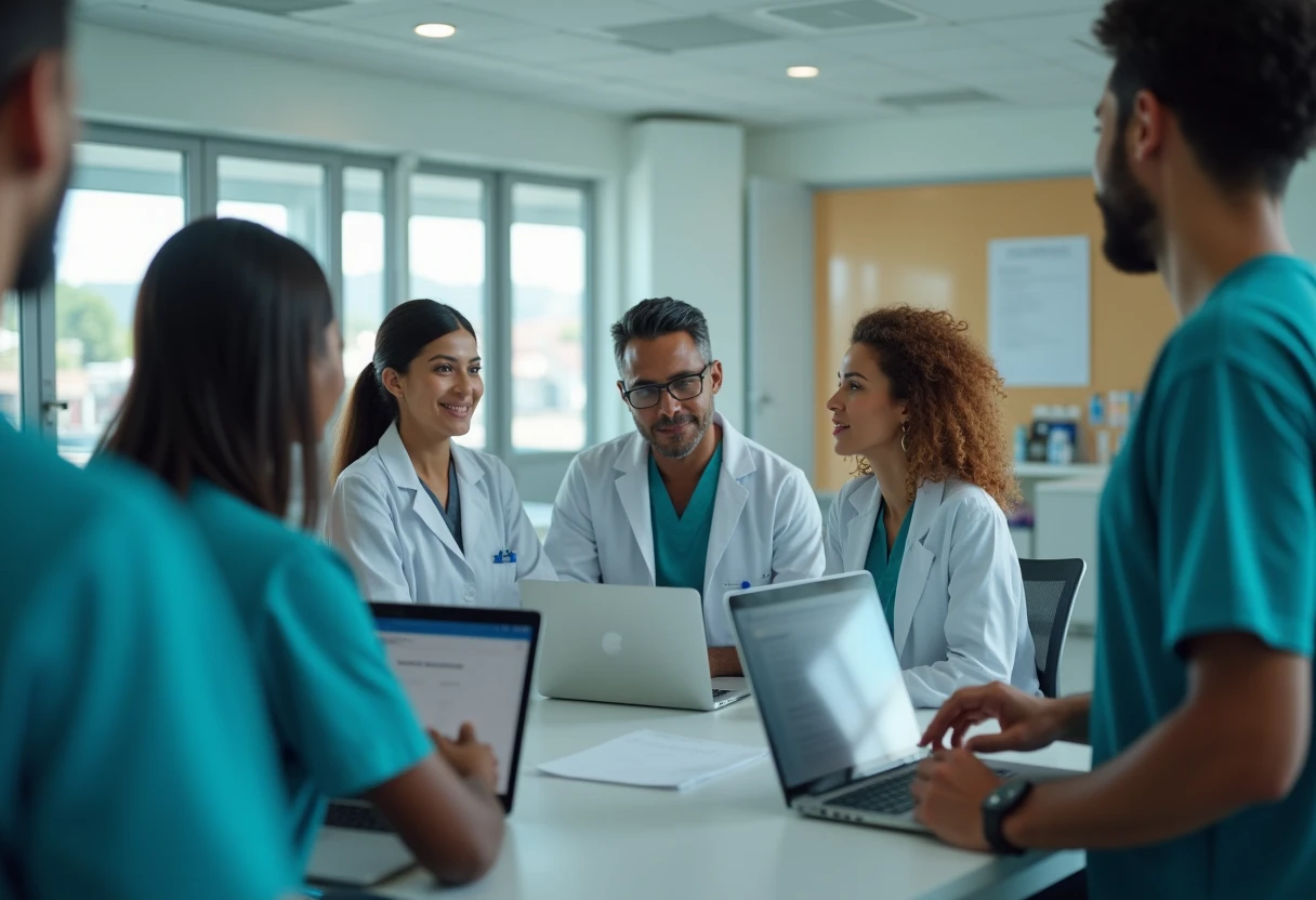 Médicos colaborando en una sala de conferencias