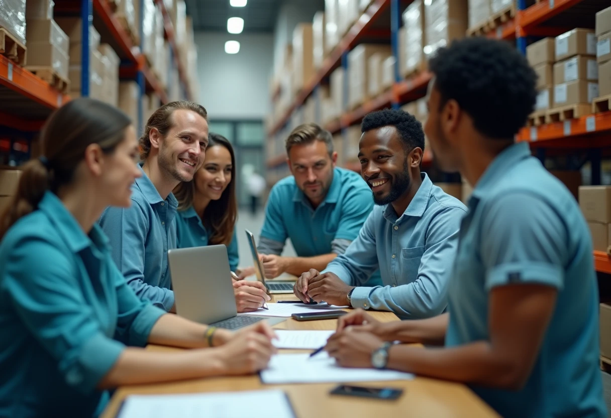 Warehouse team organizing inventory