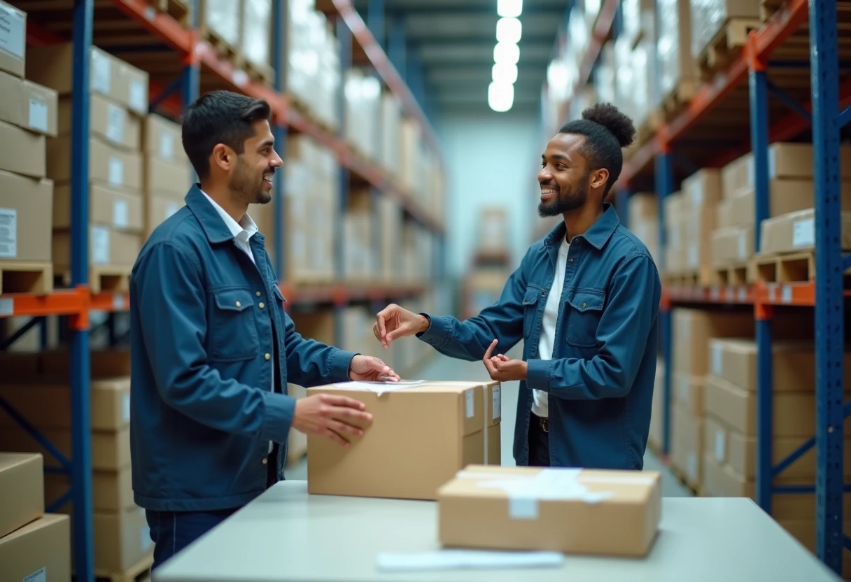 Warehouse workers organizing packages