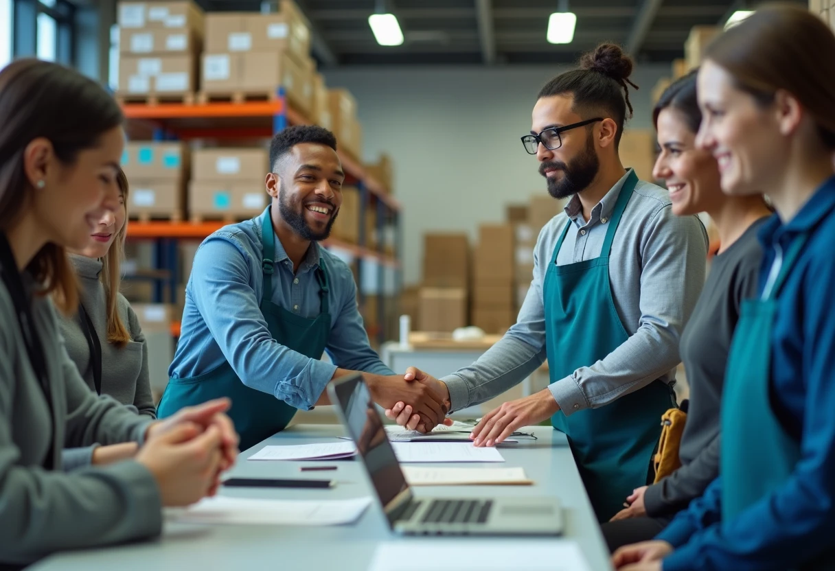 Warehouse team organizing inventory