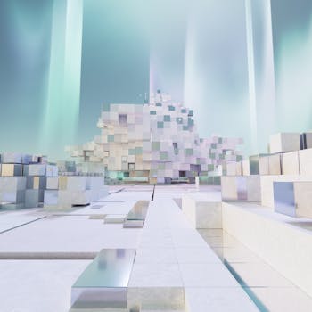 A conceptual abstract 3D-rendered landscape with cubic structures and pastel colors.