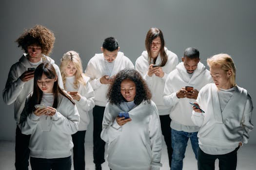 A diverse group of people in white hoodies engaged with smartphones, symbolizing social connection and isolation.