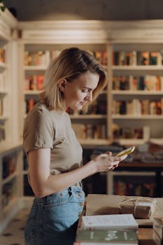 A young woman engrossed on her smartphone inside a cozy, well-lit bookstore.