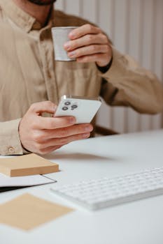 Close-up of a man using a smartphone and holding a cup in an office setting.