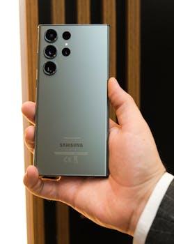 Close-up of a person holding a sleek Samsung smartphone with a triple camera setup.