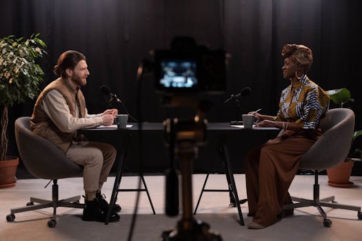 Two adults engaging in a podcast discussion in a studio with recording equipment.