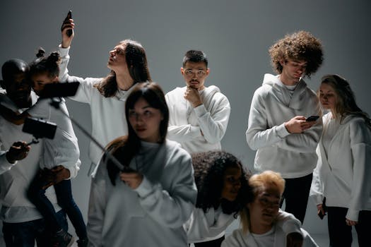 A diverse group of people in white clothing using smartphones and a selfie stick.