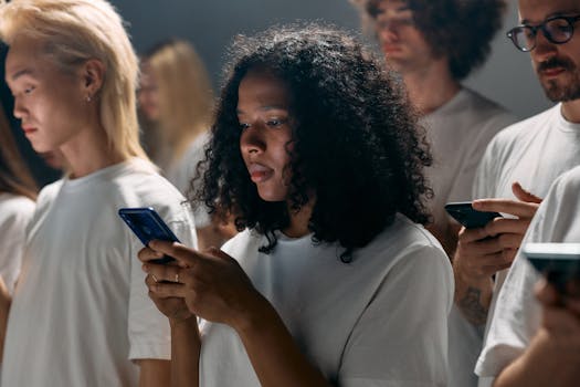 A diverse group of young adults focused on smartphones, symbolizing modern social connections and technology.