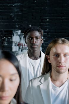 A diverse group of adults wearing white coats, showcasing unity and equality.