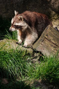 A raccoon exploring its natural habitat with vibrant greenery surrounding it.