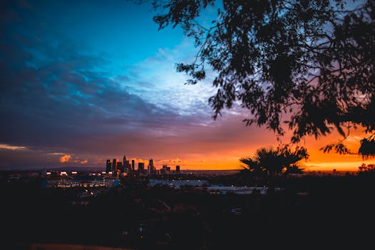 Stunning view of Los Angeles skyline during a colorful sunset from Elysian Park.