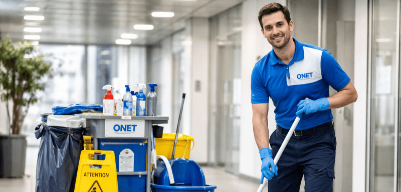 Agent de nettoyage Onet travaillant dans un environnement professionnel.